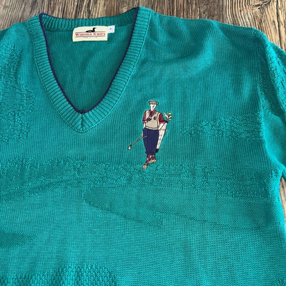 Vtg Winona Knits Embossed Golf Sweater M Teal V-Neck Pullover Embroidered Preppy - Picture 8 of 12